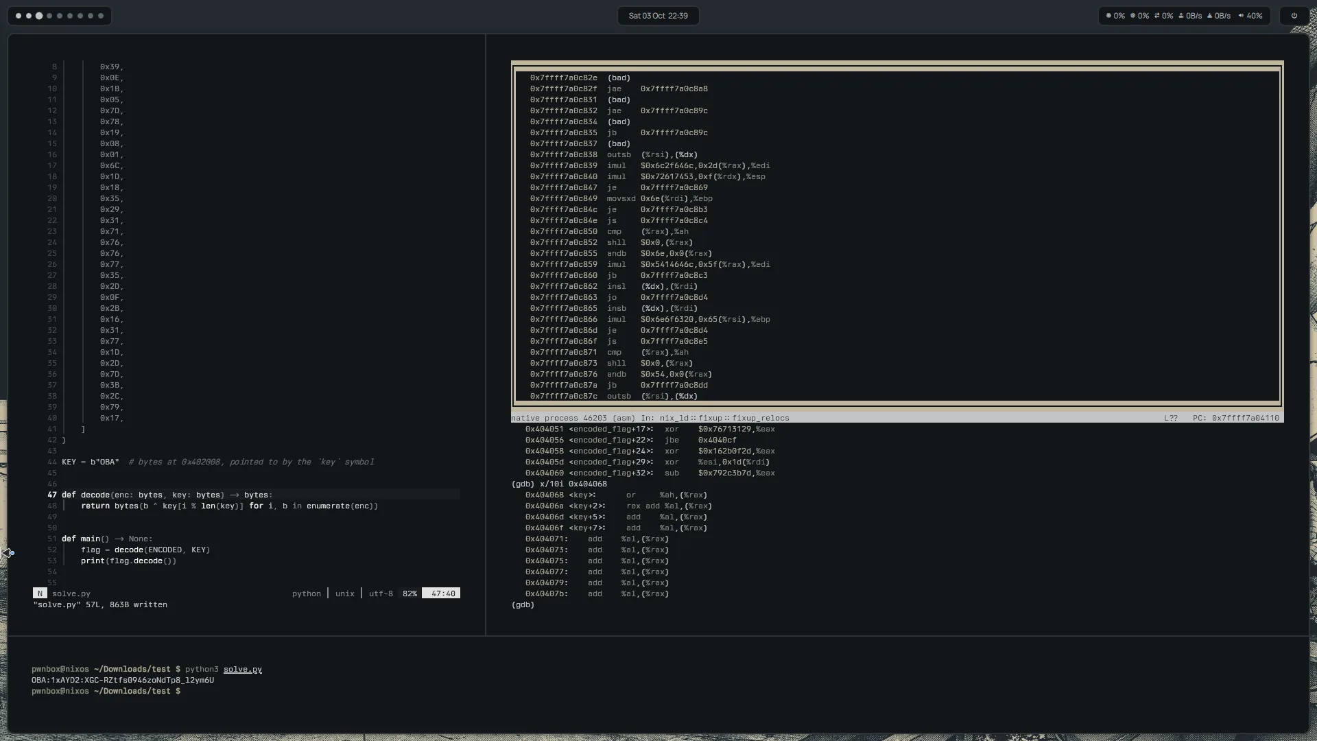 pwnbox at work: Neovim solve script, gdb disassembly, kitty